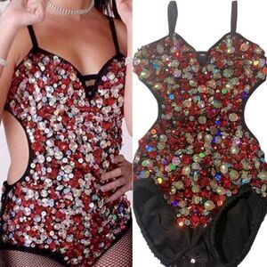Glamour solo dance costume black red embellished cutout leotard LC large NWT